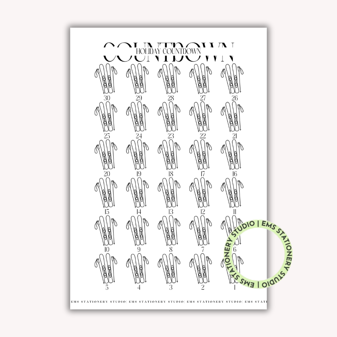 Holiday Countdown Skis Journal Inserts **Digital Download**