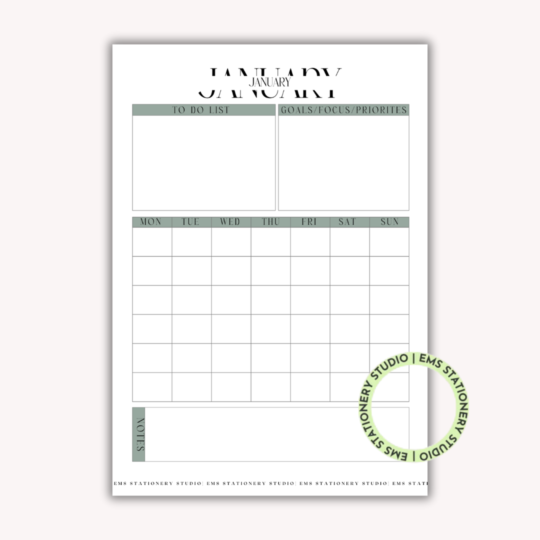 12 X Monthly Calendar Journal Inserts **Digital Download**