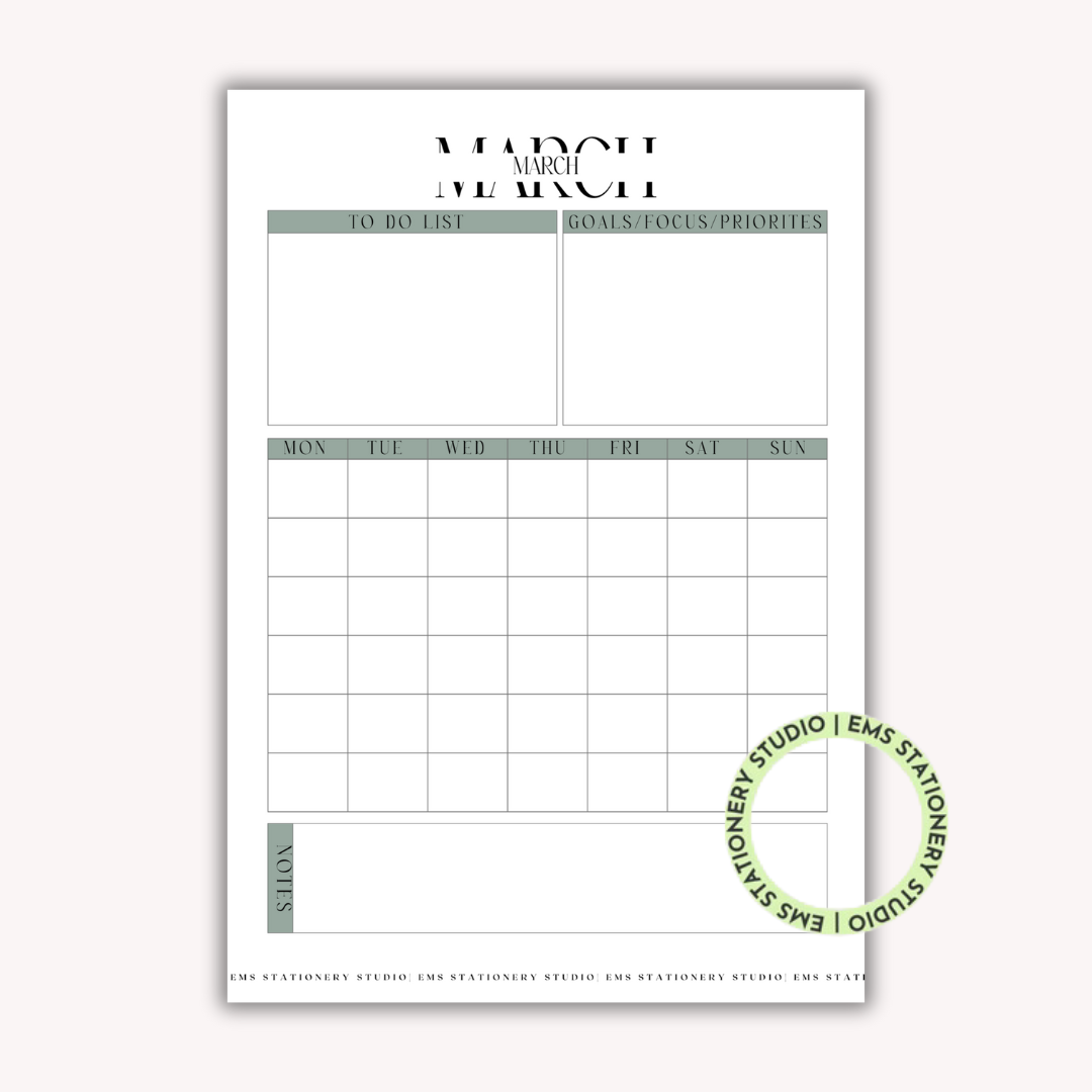 12 X Monthly Calendar Journal Inserts **Digital Download**