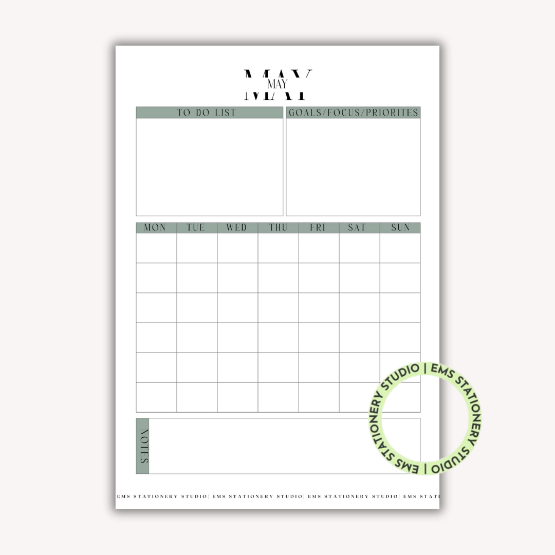 12 X Monthly Calendar Journal Inserts **Digital Download**