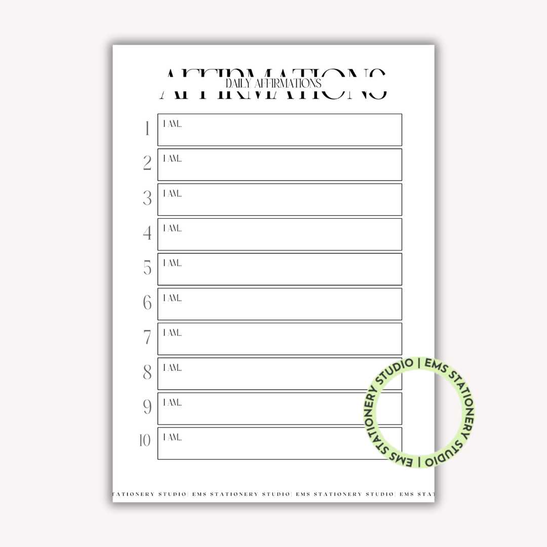 10 Daily Affirmations Journal Inserts **Digital Download**