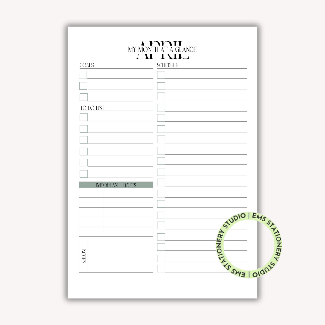 12 X My Month At A Glance Journal Inserts **Digital Download**