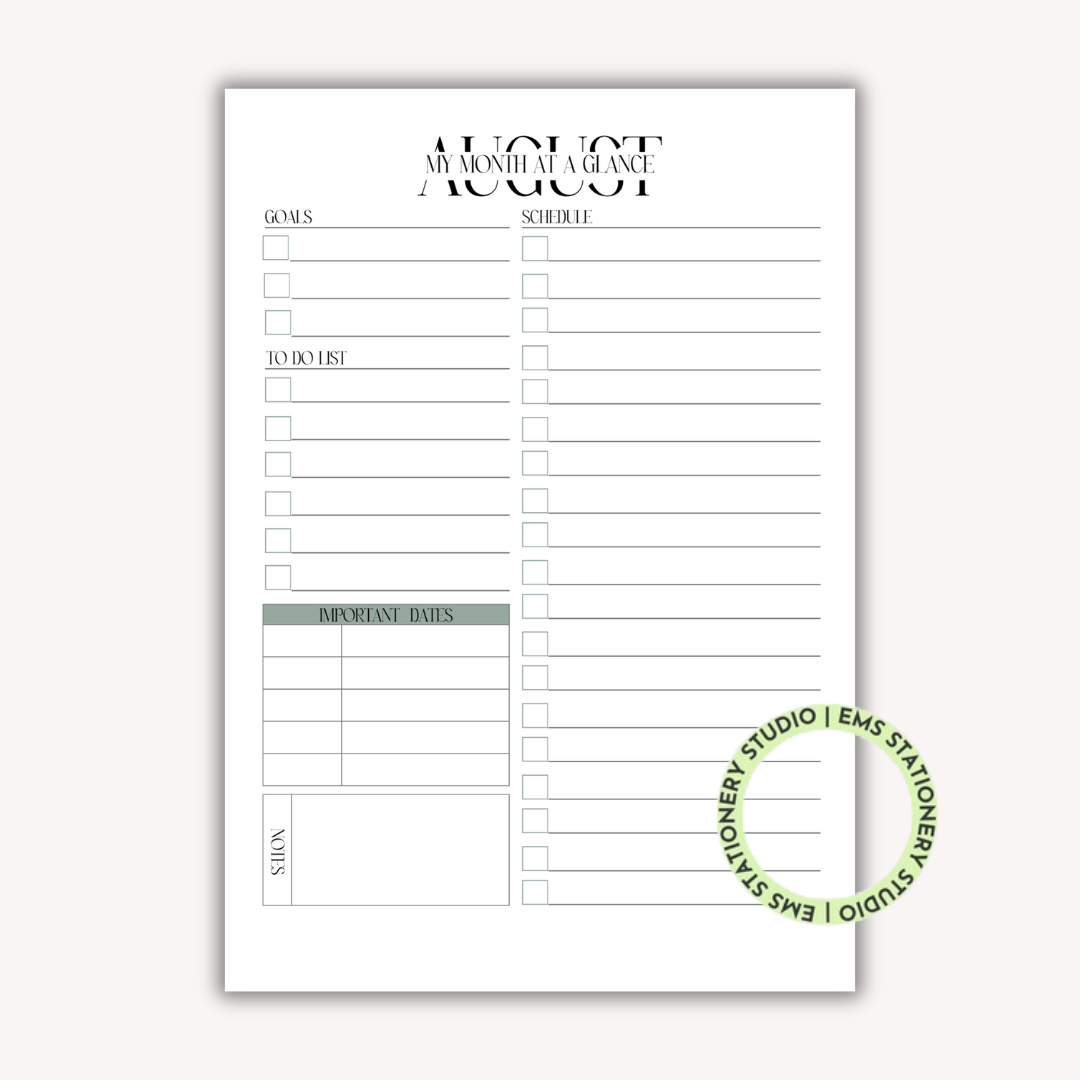 12 X My Month At A Glance Journal Inserts **Digital Download**