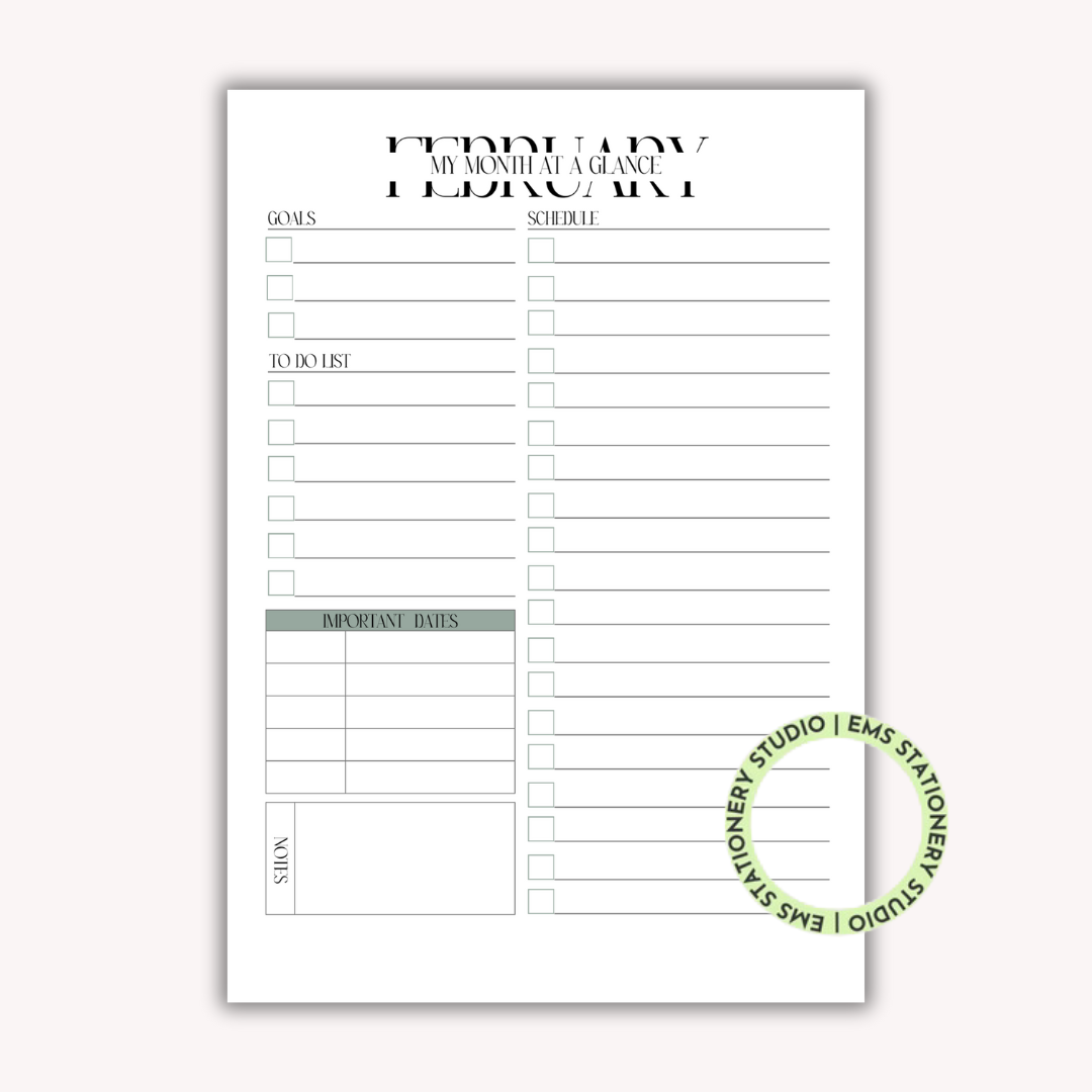 12 X My Month At A Glance Journal Inserts **Digital Download**