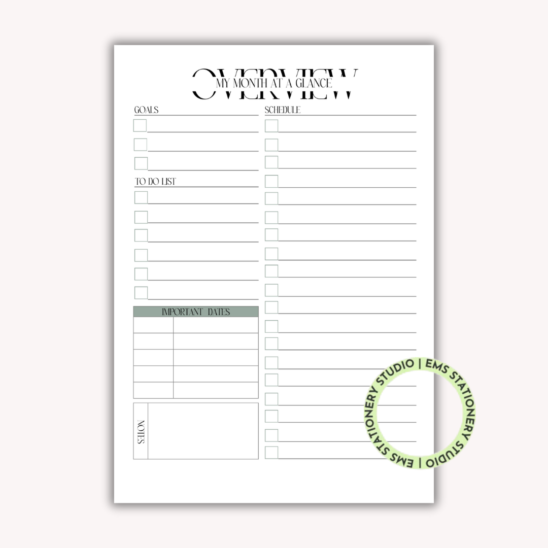 12 X My Month At A Glance Journal Inserts **Digital Download**