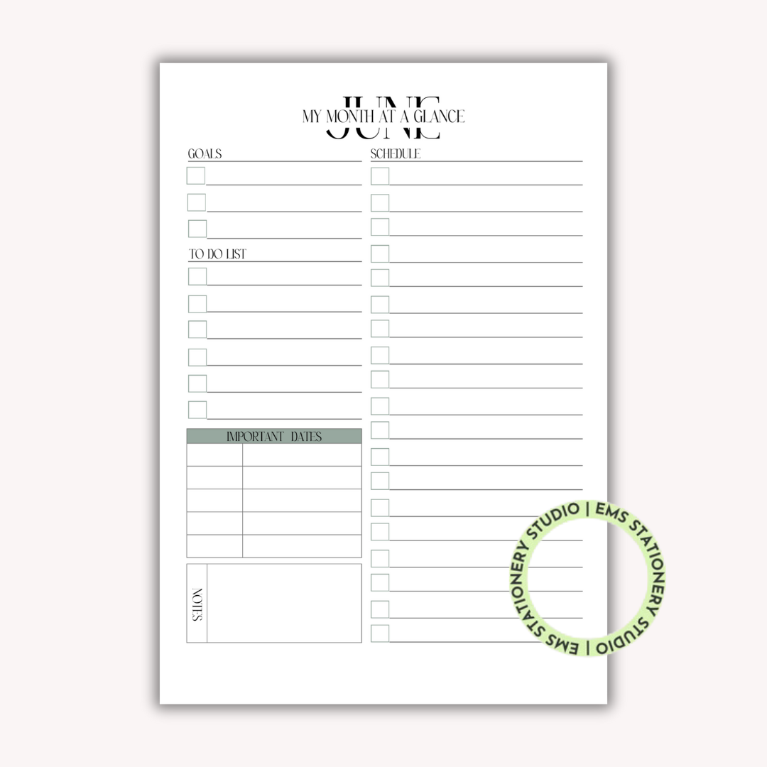 12 X My Month At A Glance Journal Inserts **Digital Download**