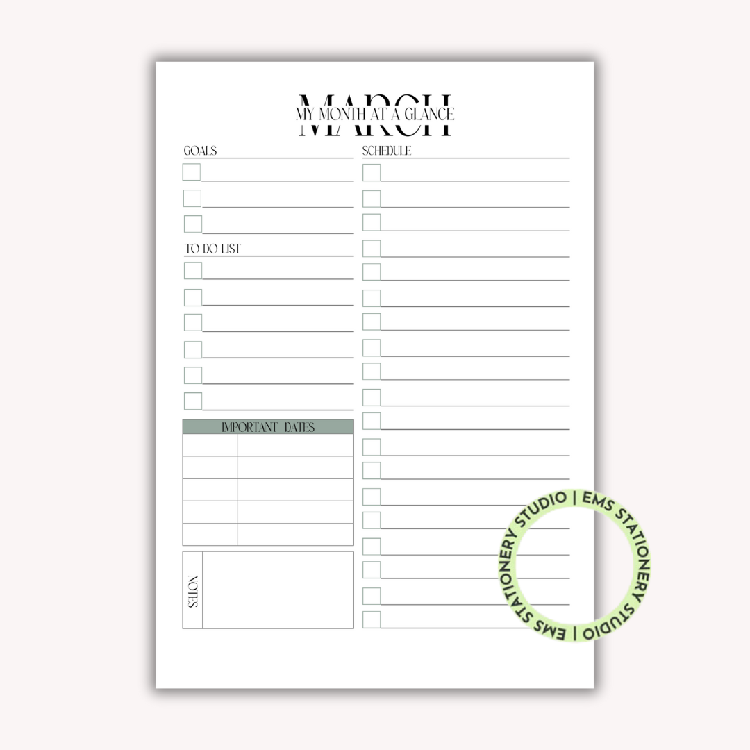 12 X My Month At A Glance Journal Inserts **Digital Download**