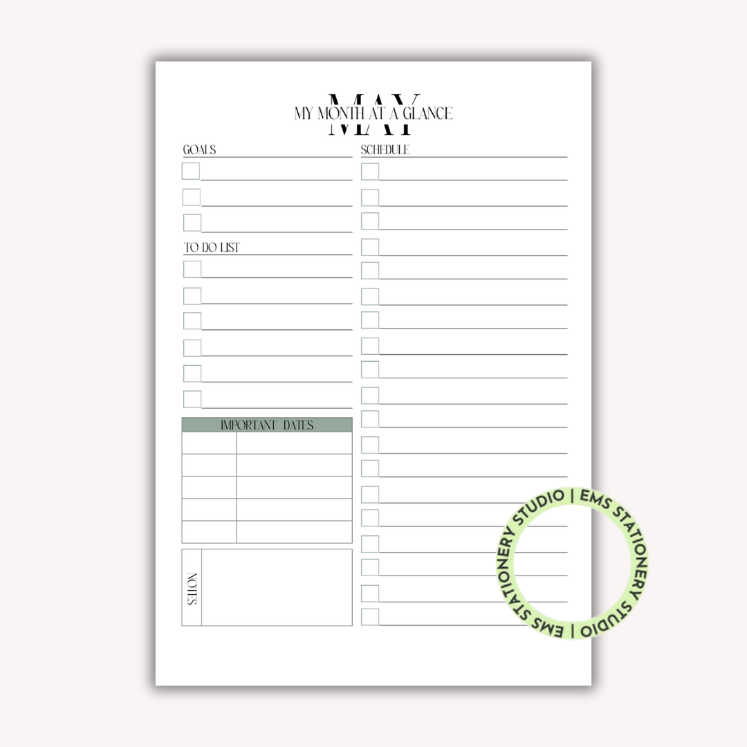 12 X My Month At A Glance Journal Inserts **Digital Download**