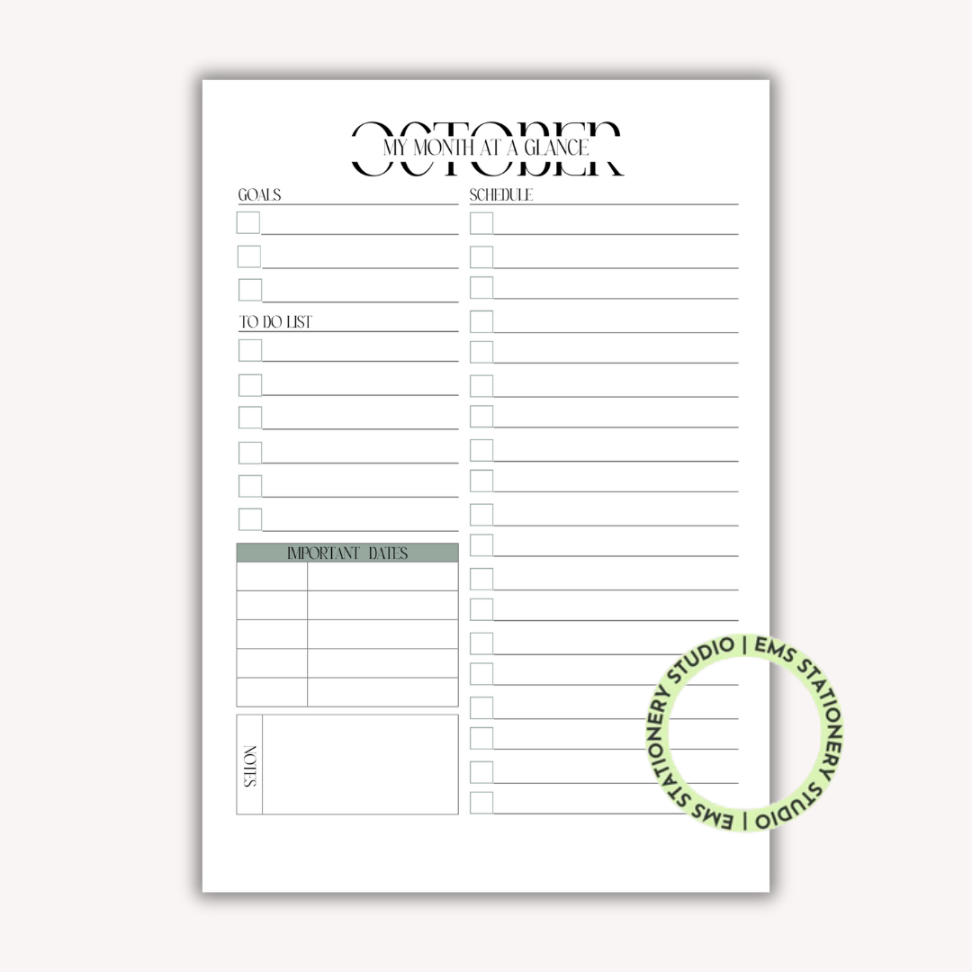 12 X My Month At A Glance Journal Inserts **Digital Download**