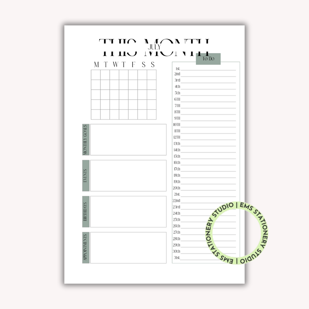 12 X This Month Journal Inserts **Digital Download**
