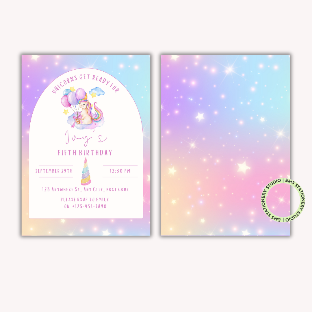 Unicorn with Balloons Party Invitation
