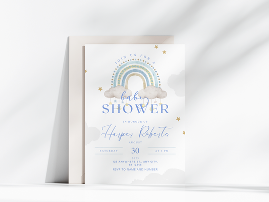 Blue Rainbow Stars Baby Shower Invitation