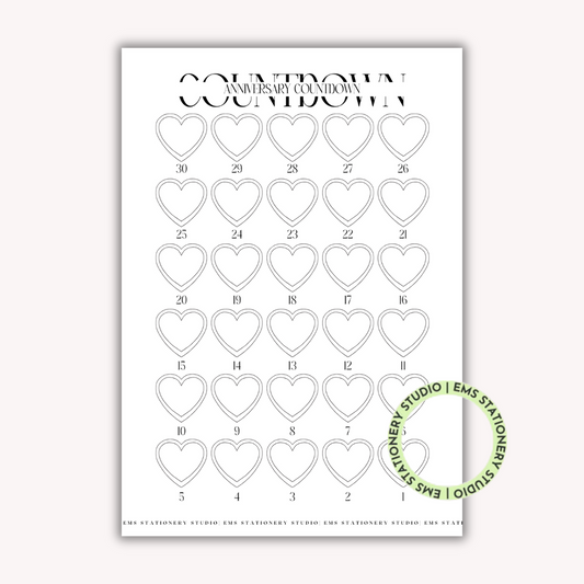 Anniversary Countdown Heart Outline Journal Inserts **Digital Download**