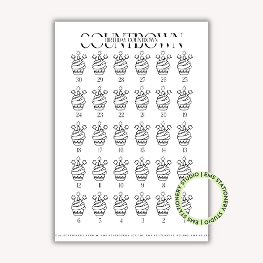 Birthday Countdown Cupcakes Journal Inserts **Digital Download**
