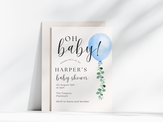 Blue Balloon Baby Shower Invitation