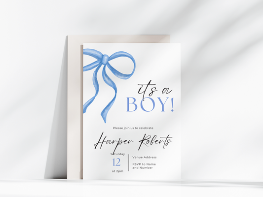 Blue Bow Baby Shower Invitation