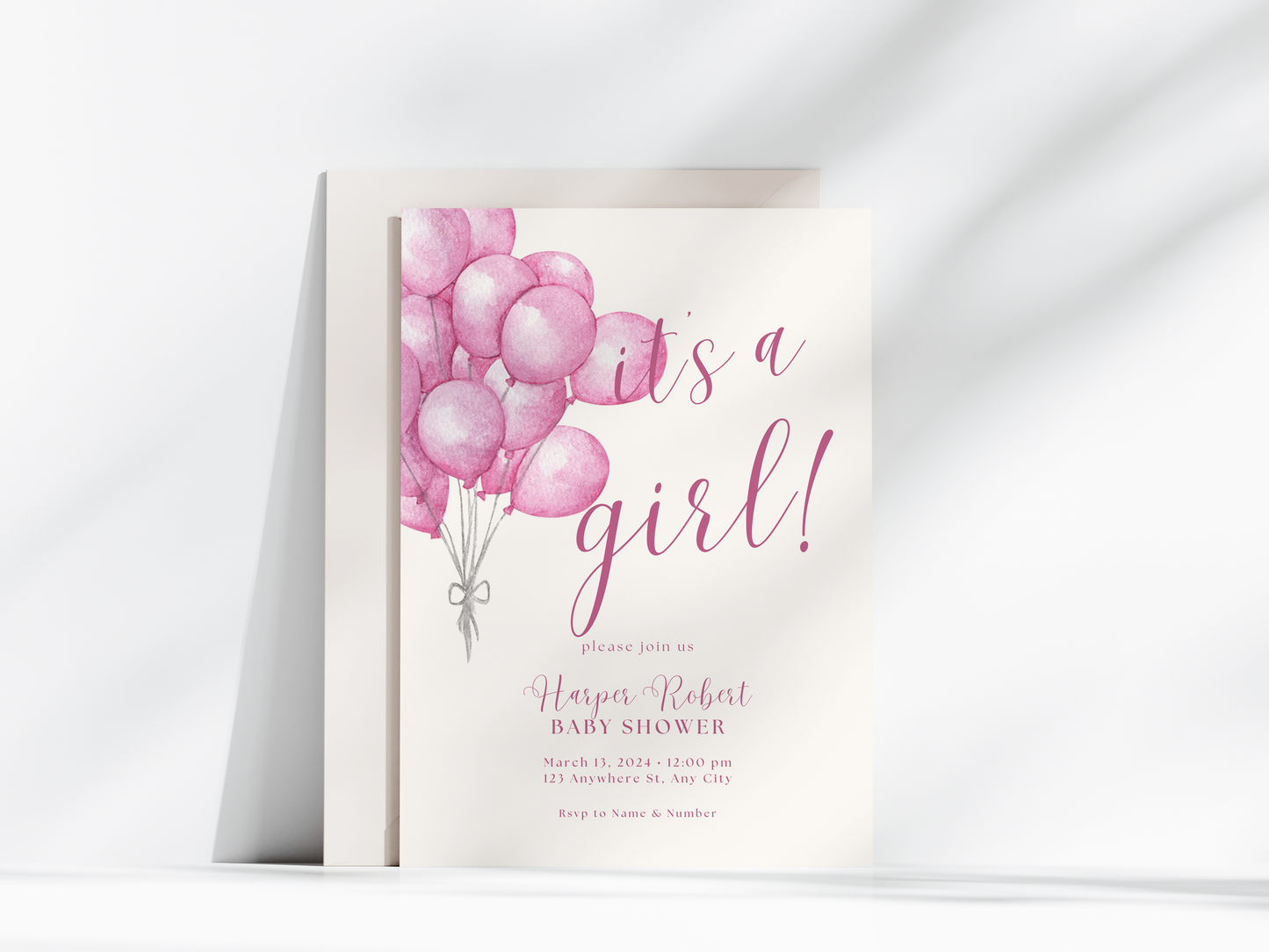 Pink Balloons Baby Shower Invitation