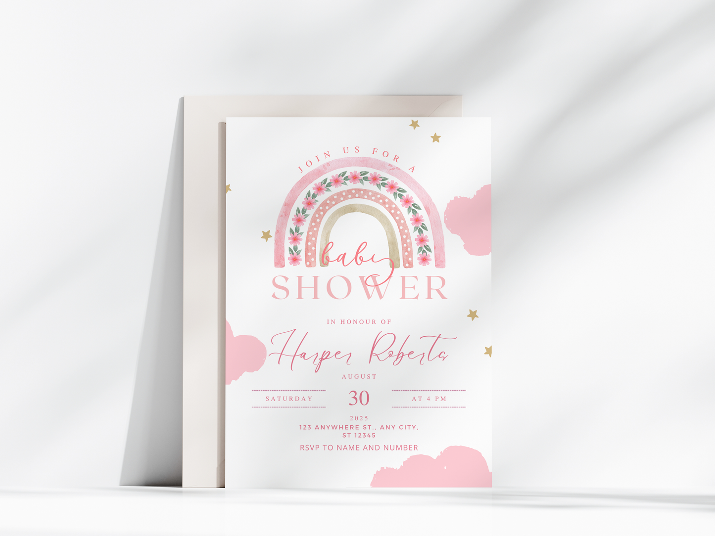 Pretty Pink Rainbow Baby Shower Invitation