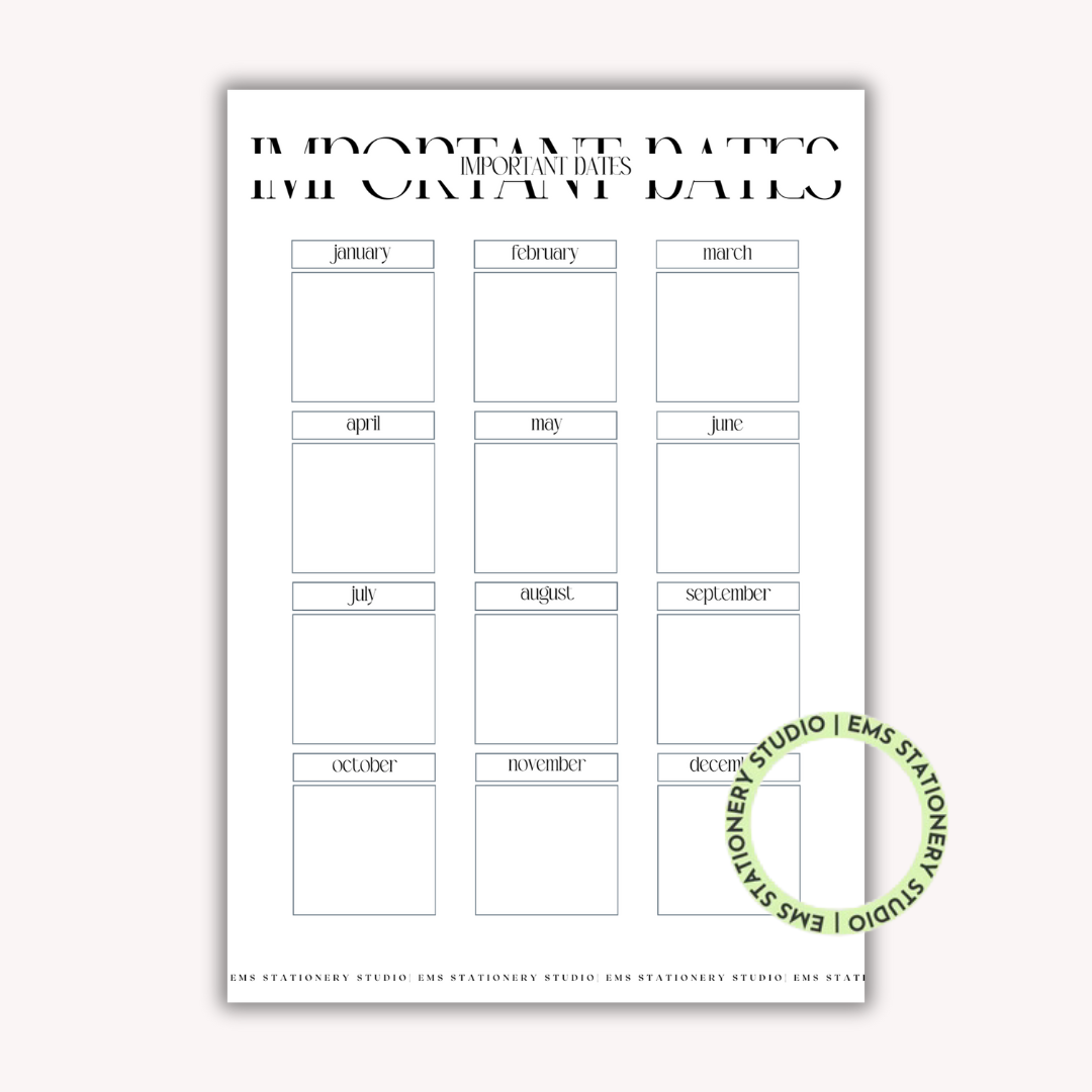 Important Dates Journal Inserts **Digital Download**