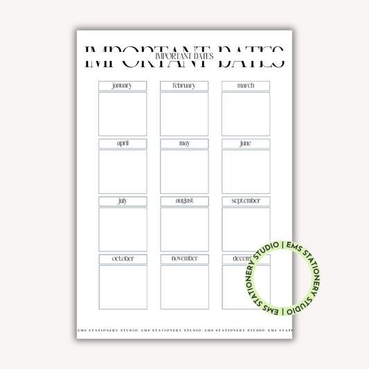 Important Dates Journal Inserts **Digital Download**