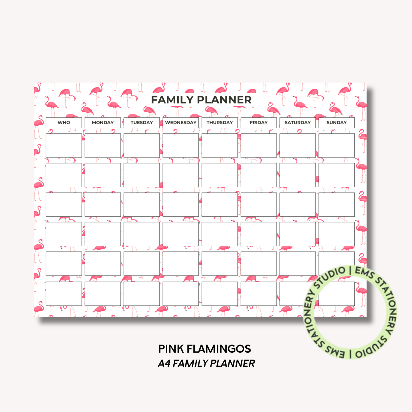 Pink Flamingos A4 Family Weekly Planner