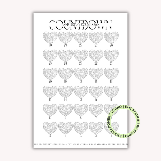 Anniversary Countdown Hearts Journal Inserts **Digital Download**