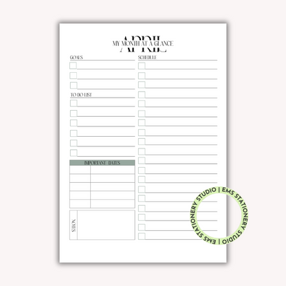 12 X My Month At A Glance Journal Inserts **Digital Download**