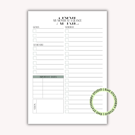 12 X My Month At A Glance Journal Inserts **Digital Download**
