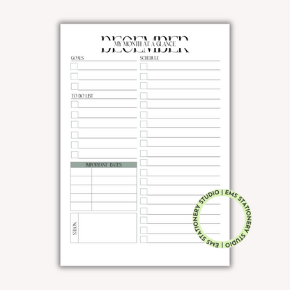 12 X My Month At A Glance Journal Inserts **Digital Download**
