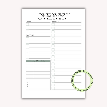 12 X My Month At A Glance Journal Inserts **Digital Download**