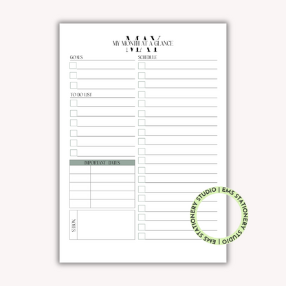 12 X My Month At A Glance Journal Inserts **Digital Download**
