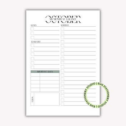 12 X My Month At A Glance Journal Inserts **Digital Download**